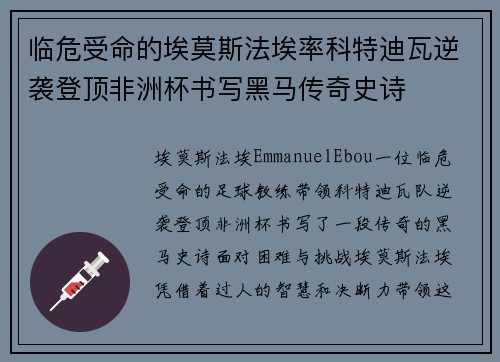 临危受命的埃莫斯法埃率科特迪瓦逆袭登顶非洲杯书写黑马传奇史诗